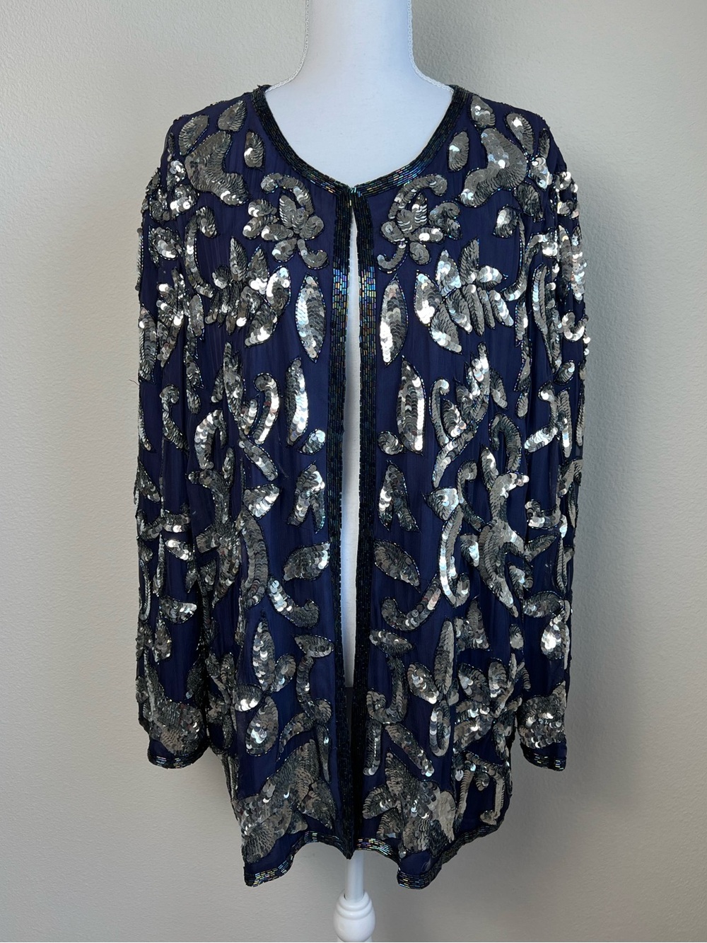 VTG Jakelin Designs Beaded Sequin Silk Open‎ Front Jacket Artsy Party Glam 2X